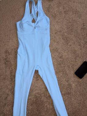 Fabletics Light Blue Ribbed Cross-Back Jumpsuit
